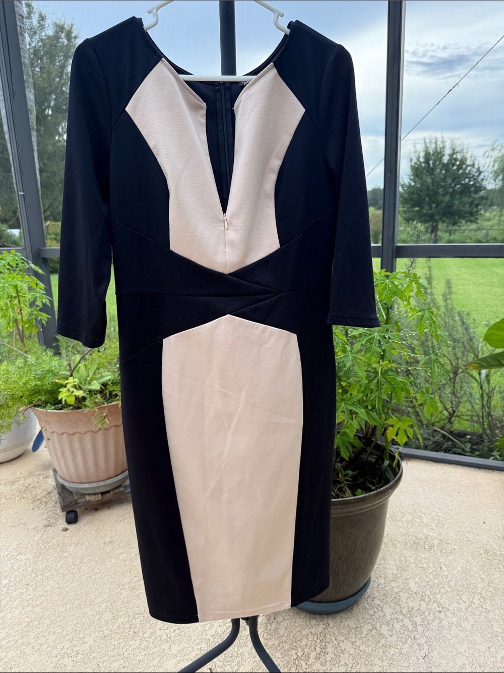 Colorblock Black and Cream Midi Sheath Dress